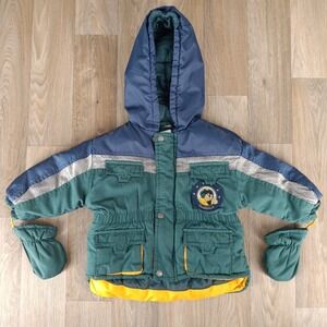Healthtex Vintage Boys 24M‎ Color Block Puffer Jacket Hooded Winter Coat Mittens